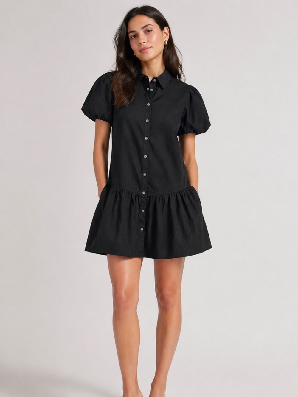 J.Crew Black Puff Sleeve Button Front Mini Dress Drop Waist Petite 4